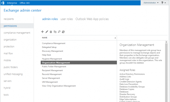 Exchange Admin Center - Permissions