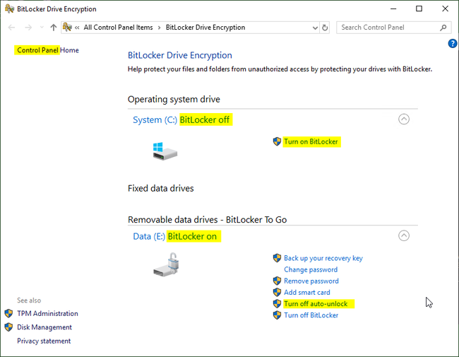 Bitlocker Control Panel Applet