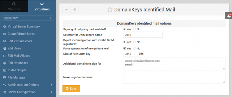 Enable DKIM in Virtualmin