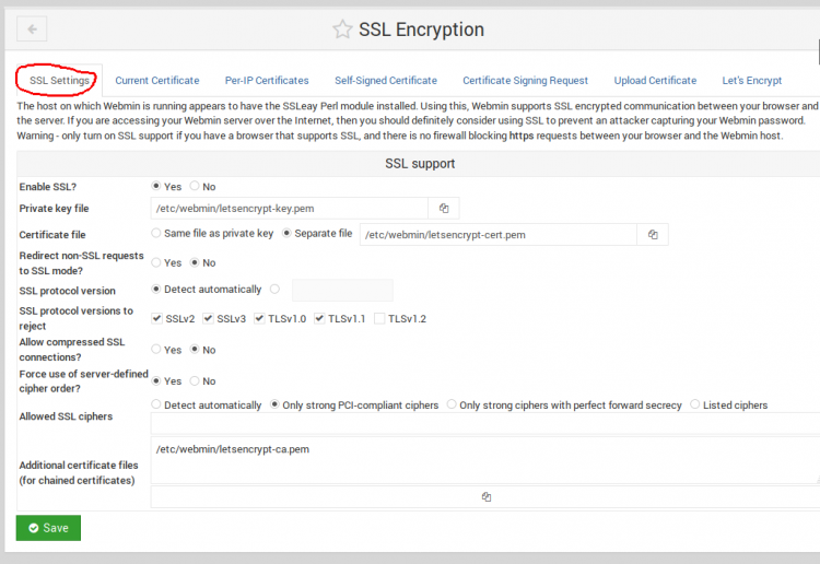 Resultant Webmin SSL Settings