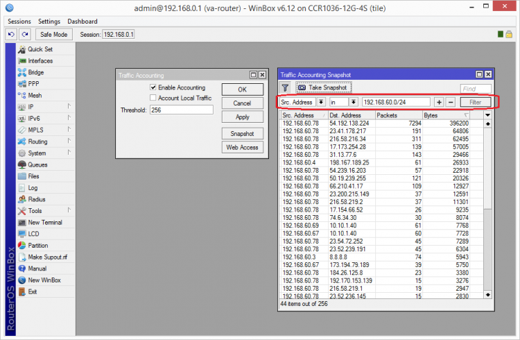 IP Accounting Snapshot Filtered by IP Range