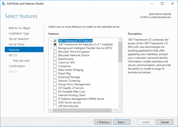 Select .Net 3.5 Feature