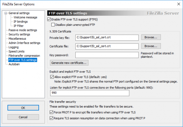 FTP Over TLS Settings