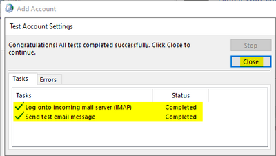 Completed IMAP Account Setup