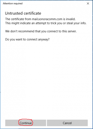 Accept the certificate by clicking Continue