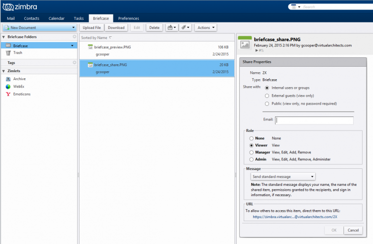 Zimbra Briefcase Preview