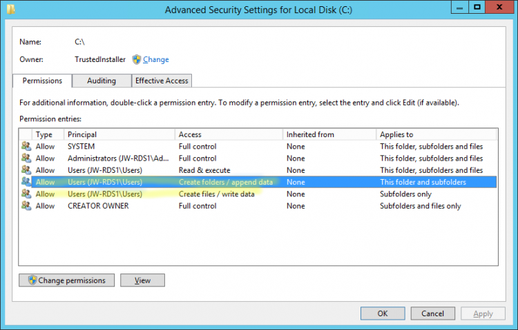 RDS Server C:\ Drive Permissions