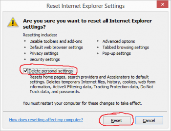 Internet Explorer Reset to Defaults