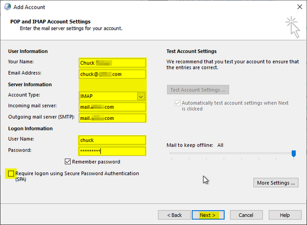 Fill In Your IMAP Account Settings