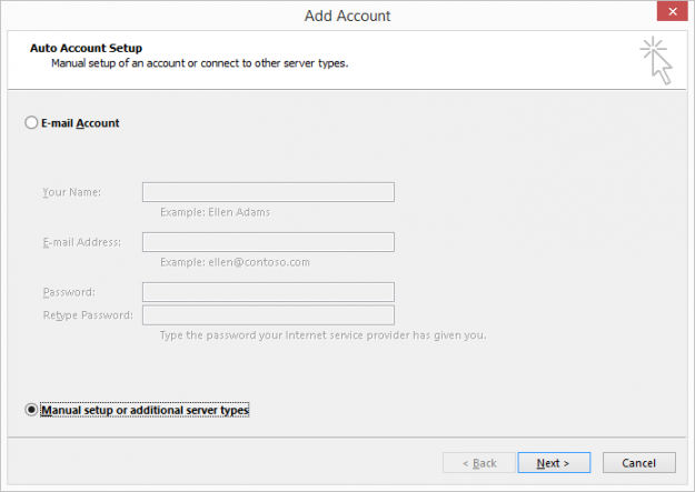 Outlook 2016 Add Account - Manual Setup