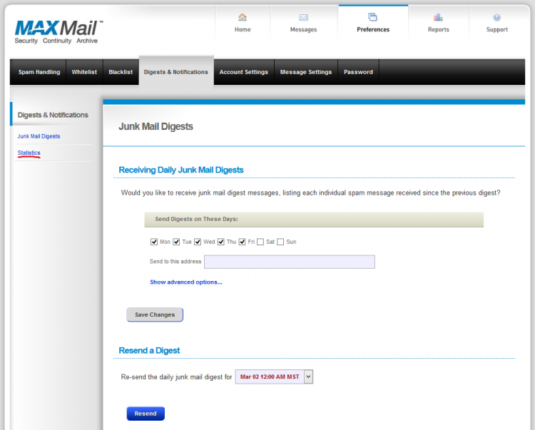 MaxMail Digest Settings